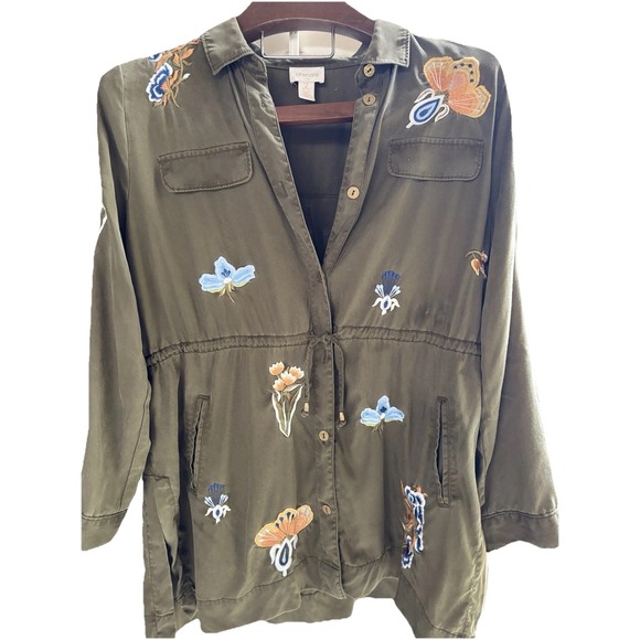 Chico's MWomen's Playful Anorak Jacket Embroidered Olive Green Drawstring Chico2 - Picture 8 of 8